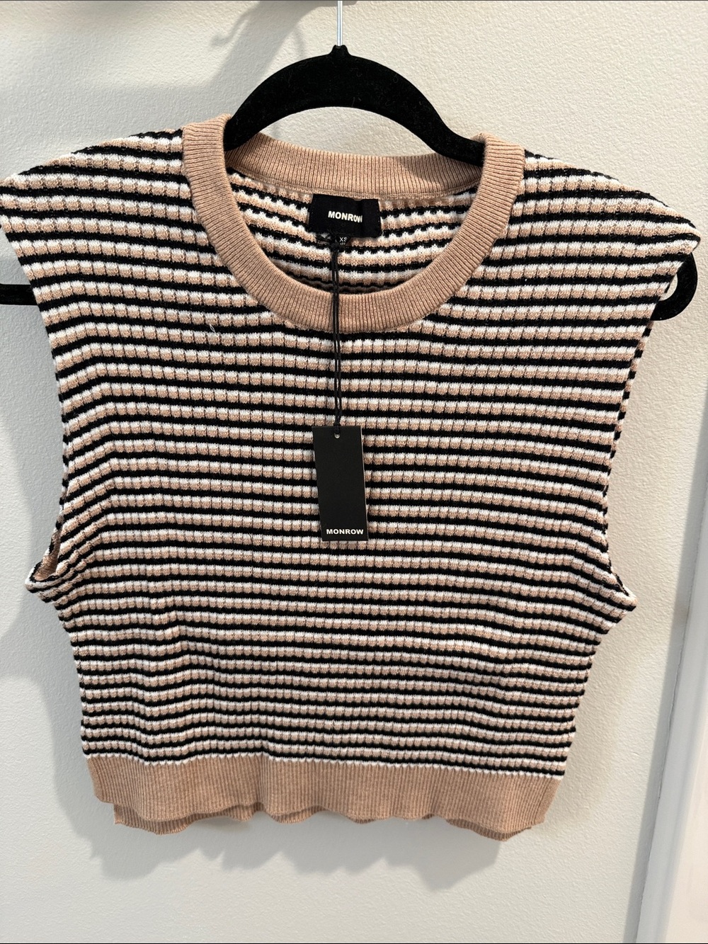 Monrow Beige and Black Striped Sleeveless Knit Tank